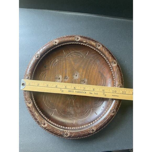 Vintage Handcarved Tray Wooden MCM Minimalist Decorative Round Brown Floral Dish - Picture 7 of 7